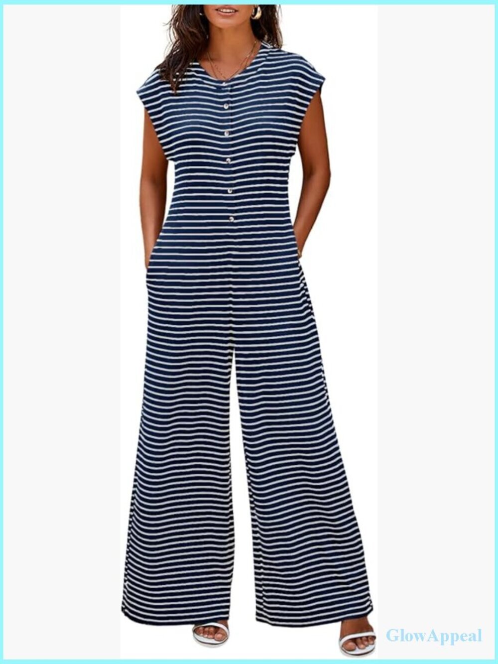 Striped Wide Leg Jumpsuit with Side Pockets Waffle Knit Summer Outfit
